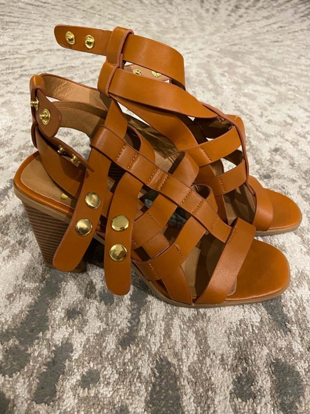 Qupid Cognac Strappy Block Heel Sandals with Gold Studs